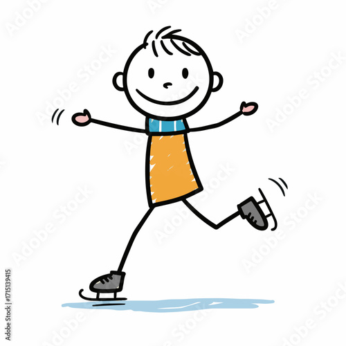 A cheerful stick figure ice skater with arms outstretched, wearing a scarf and skates.