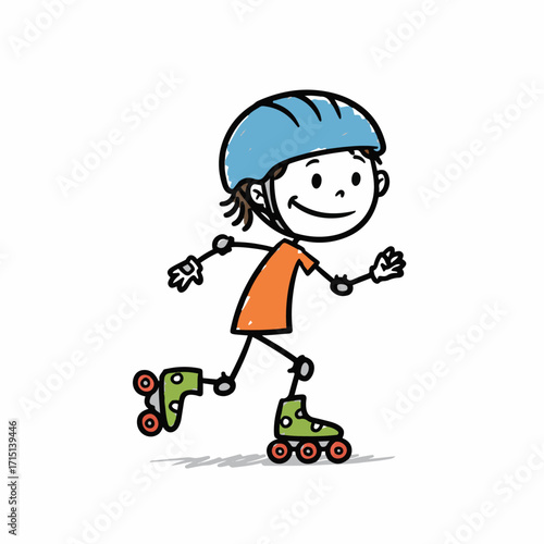 A simple cartoon drawing of a child wearing a helmet and roller skates, enjoying a recreational activity.