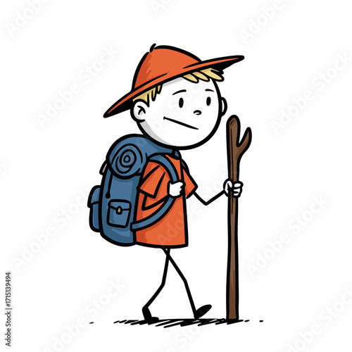 A cartoon boy wearing a hat and backpack, holding a walking stick, and hiking.