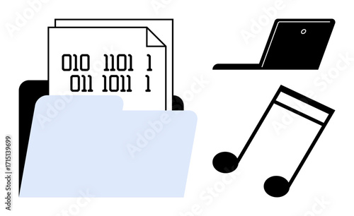 Folder with binary data signifies digital files, laptop suggests technology and work, musical notes represent media. Ideal for technology, data storage, coding, work, media, creativity education