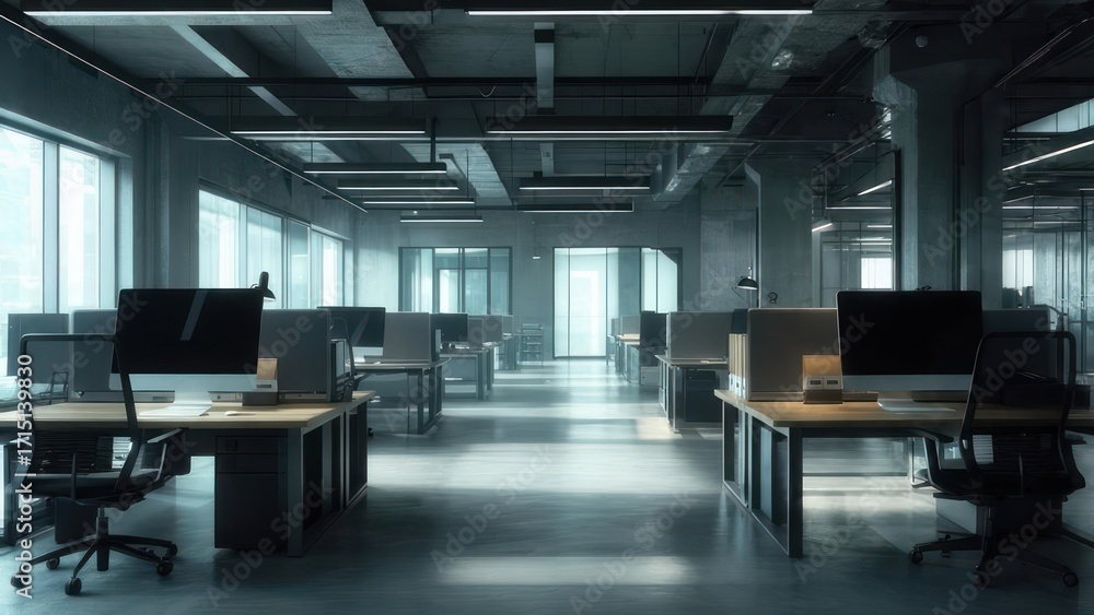 Fototapeta premium Modern Office Interior: Minimalist Design, Concrete, Dramatic Lighting, Empty Desks.