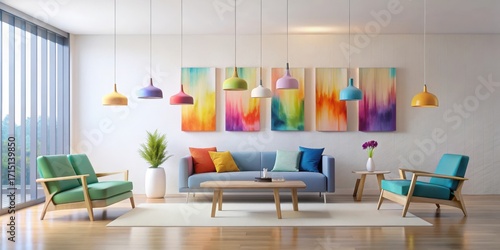 Wallpaper Mural Soft focus on minimalist furniture in a room with abstract art pieces hanging from the ceiling, Calming Ambiance, Colorful Abstracts Torontodigital.ca