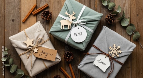 Beautifully wrapped Christmas gifts with natural decorations on a rustic wooden background.
