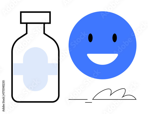 Medicine bottle beside a blue happy face, symbolizing well-being and positive health outcomes. Ideal for health, wellness, medication, happiness, healthcare, mental health, and self-care themes