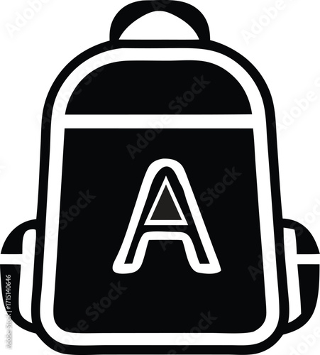 Black and white graphic icon of a backpack with letter A school bag rucksack