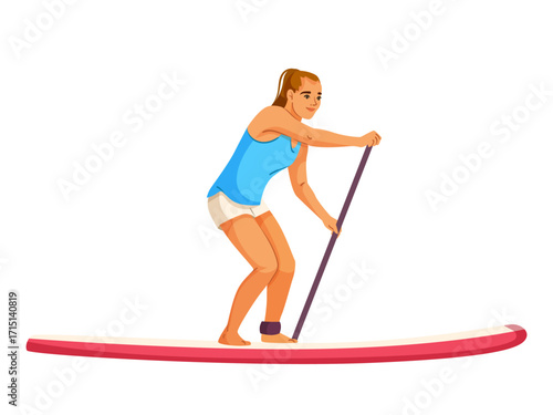 Young woman paddleboarding with a paddle in hand, cartoon style on white background. Concept of summer water sport. Vector illustration