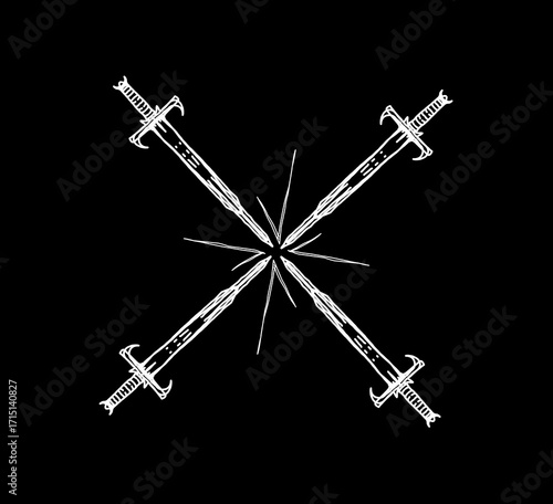 Four crossed swords in line art style, ideal for tattoo design, gothic emblem, t-shirt graphic, sticker, or poster artwork