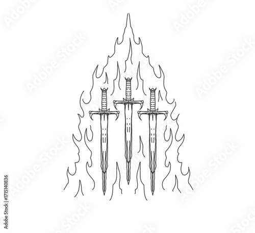 Three swords with flames in line art style vector design