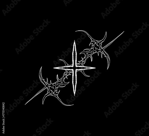 Abstract spiked cross with tribal elements in line art style, perfect for tattoo design, gothic emblem, t-shirt, sticker, or poster artwork