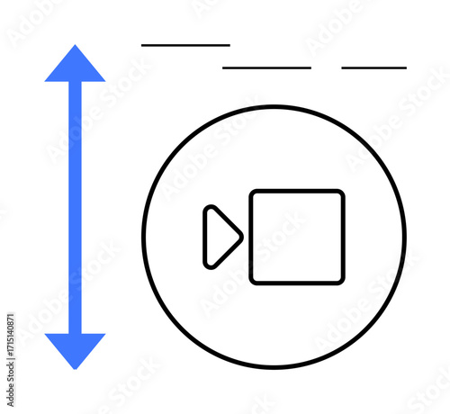 Circular video play button with geometric styling alongside vertical blue arrow emphasizing resizing or scaling. Ideal for media settings, video editing, UI design, adaptability, motion control