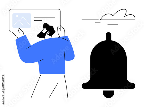 Professional engaging with document interface near large alert icon and cloud. Ideal for productivity, reminder systems, notifications, workflow management, communication, updates, business strategy