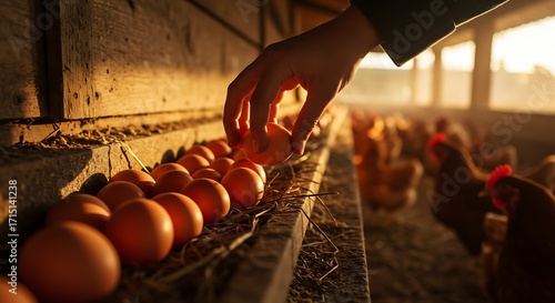 Farmer collecting fresh eggs from a hen house at sunrise, showcasing organic farming practices and natural light