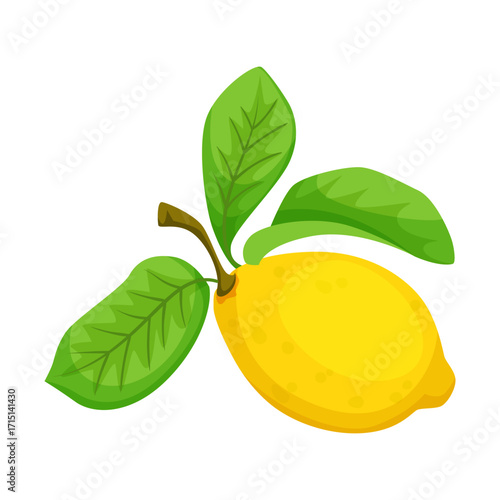 Single ripe yellow lemon with three vivid green leaves, flat cartoon style, isolated on white background. Concept of freshness and citrus. Vector illustration