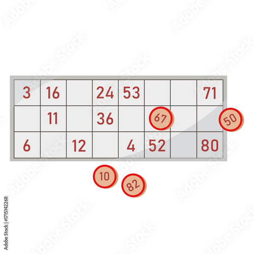 Bingo game card with red numbered tiles and bingo chips, flat graphic style on white background. Concept of lottery or chance game. Vector illustration