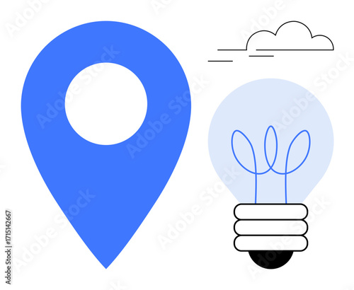 Blue location pin, glowing light bulb with plant-thumbs up filament, and minimal clouds. Ideal for creativity, innovation, sustainability, navigation, strategy future planning discovery. Simple