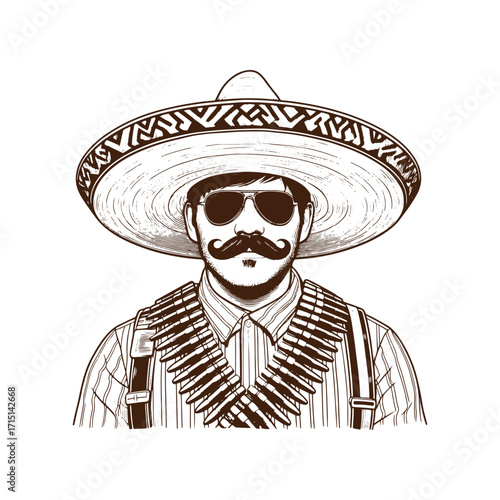 Vintage Mexican Revolutionary with Bandoliers