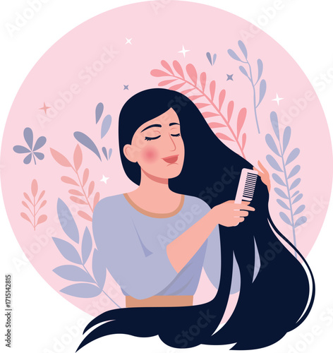 Woman Combing Her Long Hair Vector Illustration
