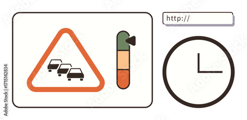 Cars in triangular hazard sign, congestion level indicator, clock, and website bar. Ideal for navigation, traffic updates, time management, digital tools, road safety travel planning simple flat