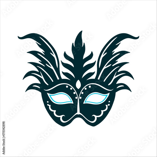 Elegant Feathered Masquerade Mask Vector Graphic Carnaval Solid golden yellow masquerade mask with feathered plumes sharp angles and hollow eyes.