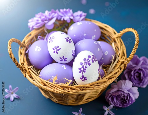 Purple Easter eggs in a basket