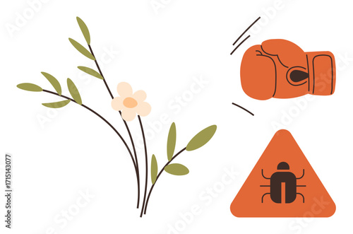 Red boxing glove striking near pest warning sign and green leafy floral branch. Ideal for pest control, organic solutions, eco-awareness, safety, defense, resilience, growth. Clean simple flat