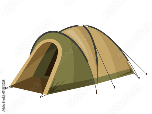 Outdoor camping tent in green and brown tones, flat graphic style, isolated on white background. Concept of adventure and travel. Vector illustration