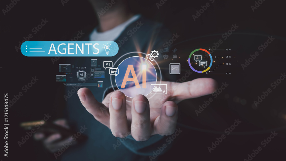 Fototapeta premium A person holds out their hand, revealing a futuristic AI interface with an 