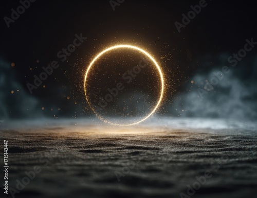 Glowing golden ring encircled by ethereal smoke and dust particles, hovering low above a dark textured surface.  The ring's light casts a subtle glow on the ground