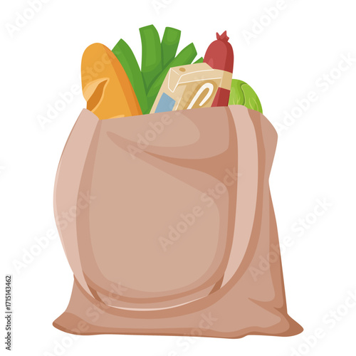 Grocery bag full of assorted food items including bread, sausage, and vegetables in cartoon style on a white background. Concept of shopping. Vector illustration