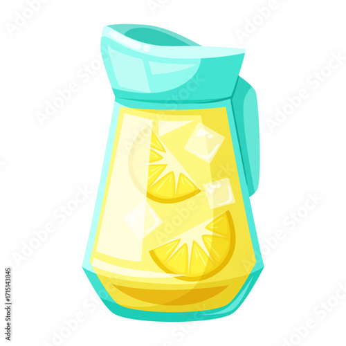 Jug of lemonade with lemon slices and ice cubes in flat cartoon style on white background. Concept of refreshing summer drink. Vector illustration