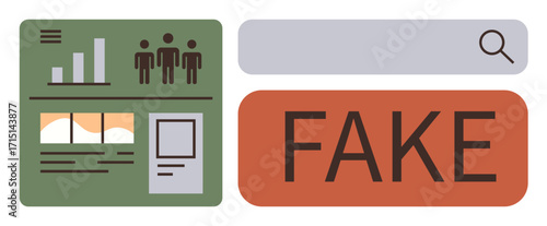 Data charts, reports, and people figures beside a search bar and Fake alert highlight misinformation detection. Ideal for digital literacy, research, communication, technology, media, content