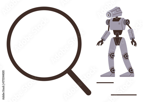 Magnifying glass beside futuristic robot symbolizing research, innovation, and technology. Ideal for science, AI, robotics, discovery, analysis automation future. Simple flat metaphor