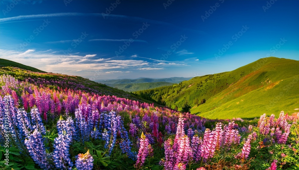 Obraz premium Vibrant Wild Lupine Hillside Under A Blue Sky High Quality