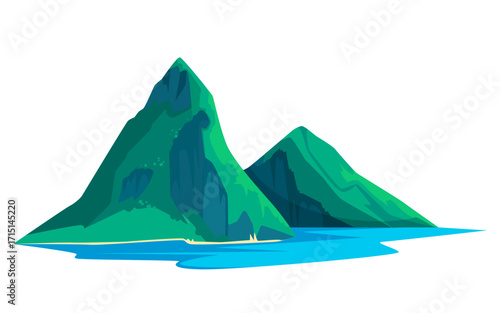 Two lush green mountains beside bright blue water, minimalist flat style on white background. Concept of nature and travel. Vector illustration