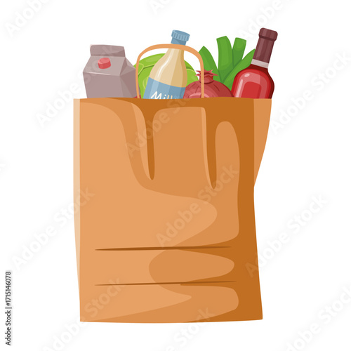 Brown grocery paper bag with milk, juice, vegetables, and wine, drawn in flat cartoon style on a white background. Concept of shopping. Vector illustration