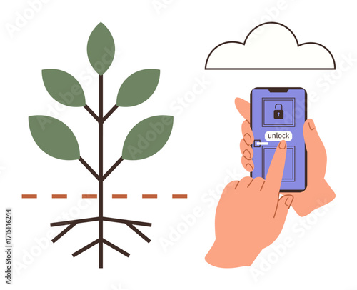 Plant with roots highlighted under a dashed line and a smartphone with an unlock button beneath a cloud. Ideal for sustainability, digital transformation, technology, eco-solutions, agriculture