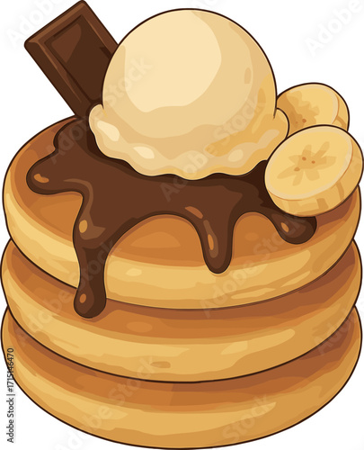 チョコとアイスとバナナのパンケーキのイラスト