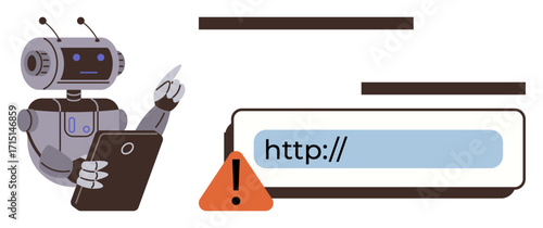 Robot inspecting website URL highlighted with an alert triangle symbolizing cybersecurity concern. Ideal for technology, cybersecurity, automation, data analysis, warning systems, online safety