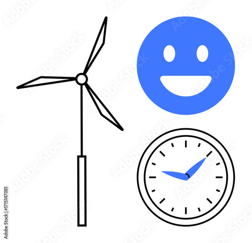 Wind turbine with three blades, blue happy face, and analog clock. Ideal for renewable energy, optimism, time concepts, sustainability, progress, productivity simple landing page