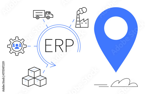 ERP text with gear icon, factory, delivery truck, boxes, and location marker. Ideal for business process, manufacturing, logistics, supply chain planning management organization simple flat