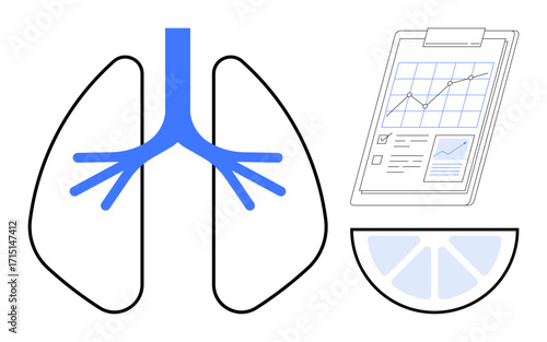 Stylized lungs with a bronchial tree, clipboard with medical charts, and a citrus slice. Ideal for healthcare, respiratory health, diagnostics, nutrition, wellness, biology and preventive care