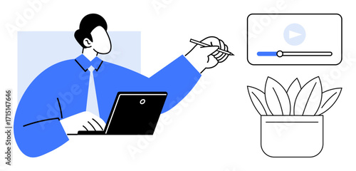 Man working on laptop while gesturing with a pen, accompanied by a video player and potted plant. Ideal for creativity, remote work, learning, design, digital content, productivity, simple flat