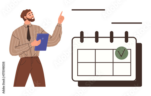 Man in formal attire holding clipboard, pointing at calendar with green checkmark. Ideal for planning, scheduling, time management, deadlines, goal-setting, productivity presentation. Simple flat