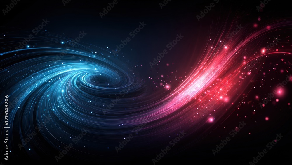 Obraz premium A mesmerizing spiral design features swirling lines of vibrant blue and red, highlighted by sparkling particles, creating a dynamic and captivating visual effect.