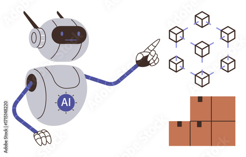 AI robot interacting with blockchain network and stacked cargo boxes, demonstrating tech integration in logistics. Ideal for technology, AI, blockchain, logistics, distribution, supply chain