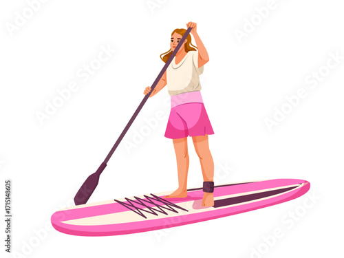Female paddler standing on a pink paddleboard holding a paddle, flat cartoon style on white background. Concept of outdoor water sport. Vector illustration