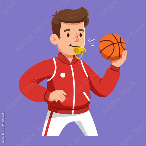A male coach in a red jacket and white pants blows a whistle while holding a basketball.