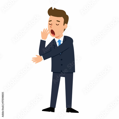 A businessman in a suit yawning widely with his hand covering his mouth.