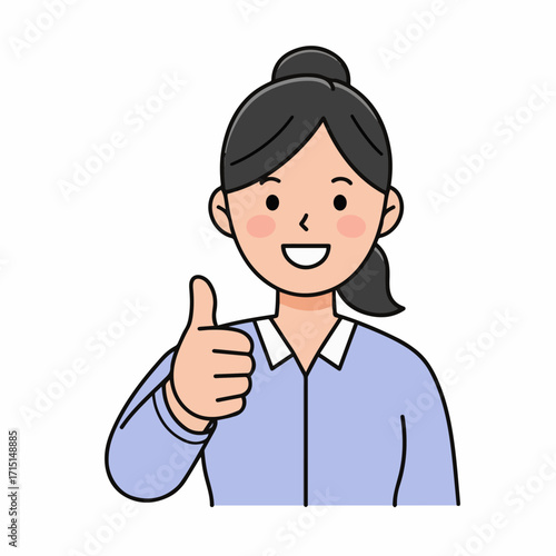 A smiling woman with dark hair pulled back in a bun, wearing a blue collared shirt, gives a thumbs-up gesture.