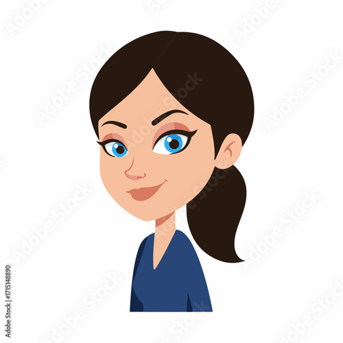 A stylized illustration of a young woman with dark hair pulled back in a ponytail, wearing a blue top and looking forward with a slight smile.